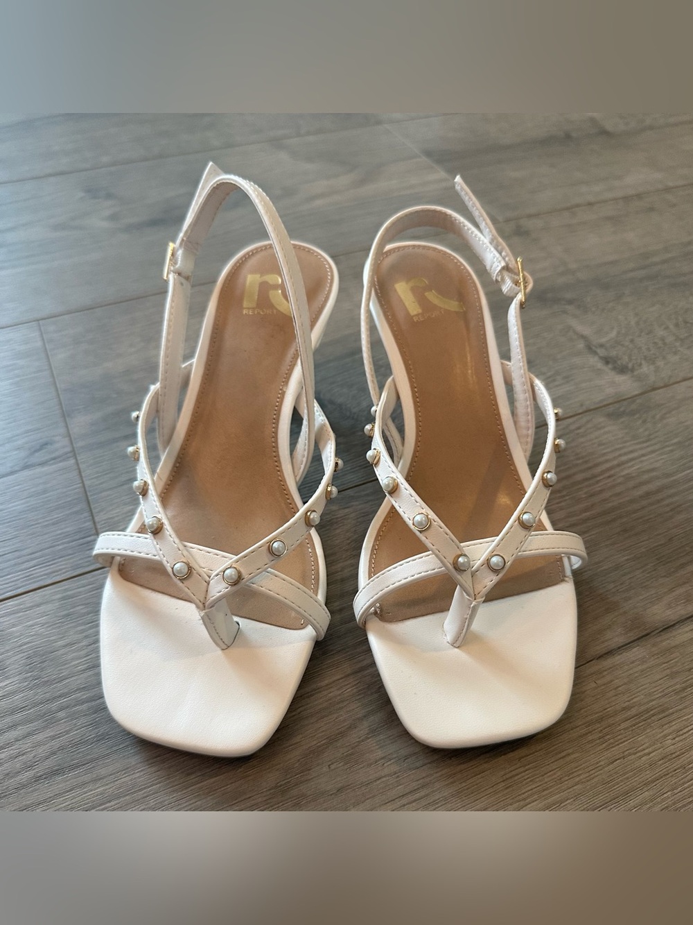 6 Vienna report cream pearl golden kitten heel sandals strapped pearl wedding - Picture 7 of 10